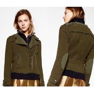 Zara Basic Olive Green Distressed Tweed Motorcycle Jacket Size S